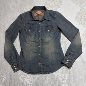 Decree Western Denim Pearl Snap Button Front Shirt Size Small